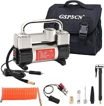 GSPSCN 6X Faster Inflation Tire Inflator Heavy Duty Double Cylinders with Portable Bag- Car Accessories,Metal 12V Air Compressor Pump 150PSI with Adapter for Car, Truck, SUV Tires, Dinghy, Air Bed