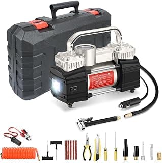 GSPSCN 6X Faster Inflation Portable Air Compressor Pump Dual Cylinder Heavy Duty Tire Inflator with LED Light,150 PSI 12V Air Pump with Tire Repair Kit and Toolbox for Auto,SUV,Truck tires etc