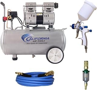California Air Tools 8010 PK 1.0 HP Ultra Quiet and Oil-Free Air Compressor and LVLP Spray Painting Kit, 8 Gallon Steel Tank, Lightweight with Wheels, 60 dBA Noise Level